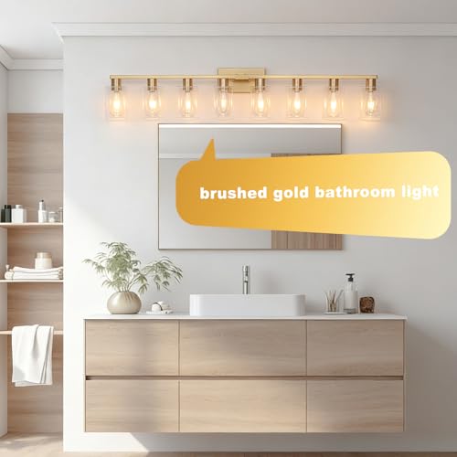 8 Light Bathroom Vanity Light Gold Bathroom Light Fixtures Brass Vanity Lights for Bathrrom 46 in Large Wall Sconce Brush Gold with Clear Glass Shade for Over Mirror