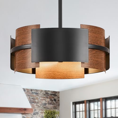 12" 4 Light Industrial Drum Chandelier with Red Walnut Grain