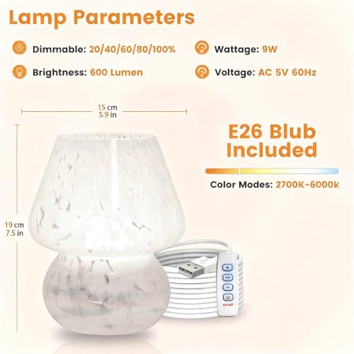 USB Plug in Mushroom Lamp Small Bedside Table Lamp with 3 Temperature LED Bulb