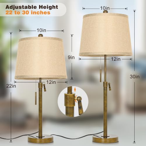 Antique Bronze Table Lamps Set of 2 Adjustable Height 22" to 30"Tall 3 Brightness Way Bedside Nightstand with Pull Chain Switch Pole Lights for Living Room Guest Bedroom End Table (2 Count)