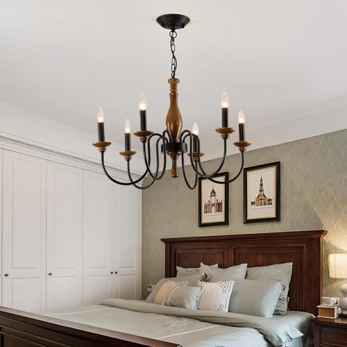 Farmhouse Wood Chandelier for Dining Room Rustic Candle Ceiling Chandelier Black Adjustable Hanging Light Fixture for Kitchen Living Room Foyer Entryway