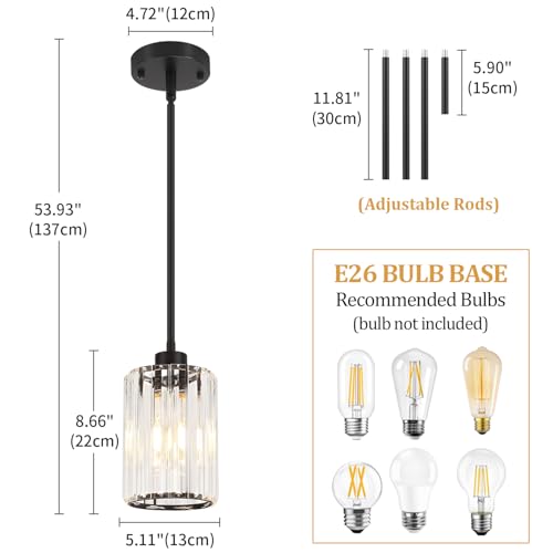 2 Pack Black Pendant Lights Kitchen Island Crystal Hanging Lighting Fixture (2 Count)