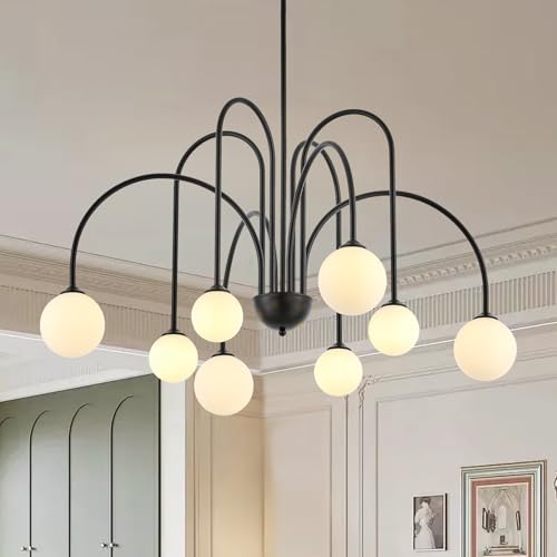 8 Light Black Sputnik Chandelier Modern Globe Chandeliers with Milk Glass Shades Large Luxury Pendant Light Fixture for Foyer Dining Room Living Room Staircase