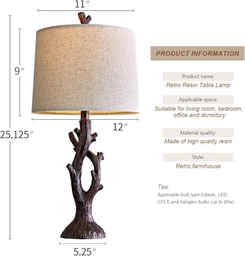 25" Farmhouse Table Lamp Set of 2 for Living Room Bedroom Resin Bedside Tree Lamp Nightstand End Table Lamps Vintage Natural Style (2 Count)