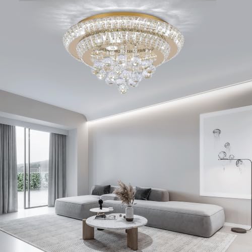 18" Gold Crystal Flush Mount Chandelier Modern LED Ceiling Light Fixture
