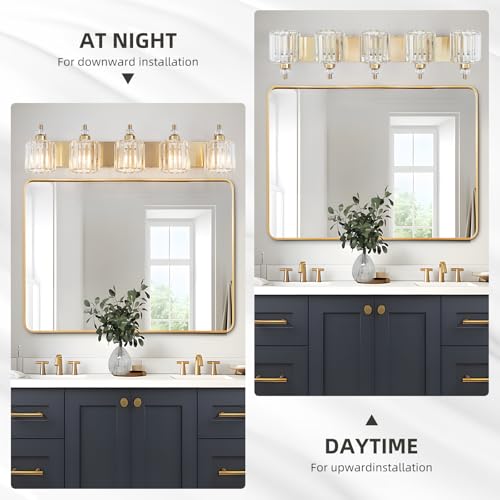 5 Light Modern Vanity Lights Brushed Brass Bathroom Light Fixtures Over Mirror Gold Bathroom Vanity Lighting with Crystal Shade E26 Base Wall Sconce for Bedroom Living Room Restroom Wall Lamp
