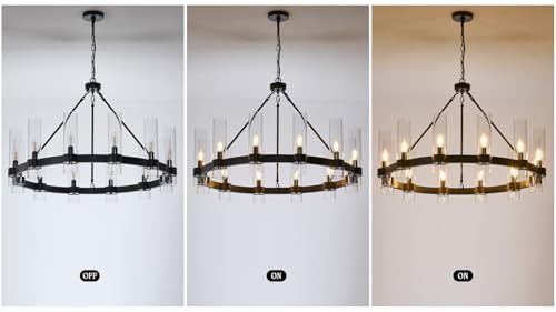 36 Inch Large Black Wagon Wheel Chandelier 12 Lights with Glass Shade
