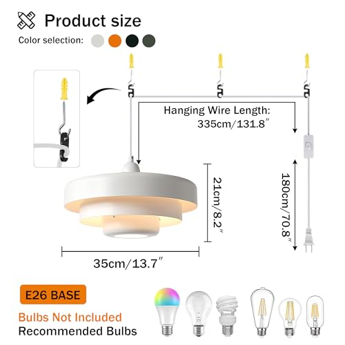 Hanging Lamp Plug in White Pendant Light Fixtures Mid Century Modern Pendant Lamp Nordic Style Pendant Lighting Metal Shade for Living Room Dining Room Bedroom Kitchen Island