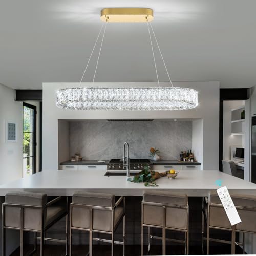 Modern Crystal LED Chandelier Dimmable Oval Chandeliers Rectangular Dining Room Light Fixture with Remote for Living Room Kitchen Island Gold