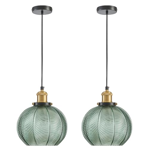 Vintage Green Ribbed Glass Pendant Lights for Kitchen Island 2 Pack