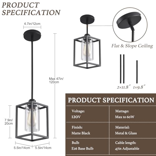 3 Pack Stem Rod Black Pendant Lights for Kitchen Island Industrial Lantern Pendant Light Fixtures with Clear Glass Shade (3 Count)