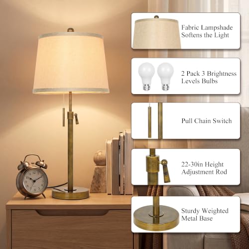 Antique Bronze Table Lamps Set of 2 Adjustable Height 22" to 30"Tall 3 Brightness Way Bedside Nightstand with Pull Chain Switch Pole Lights for Living Room Guest Bedroom End Table (2 Count)