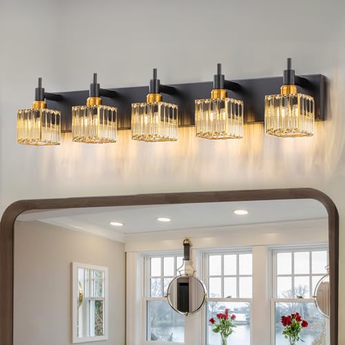 Modern Crystal Bathroom Vanity Light Black Gold 5
