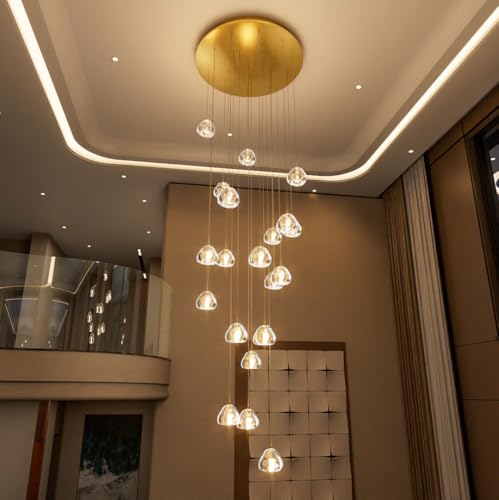 LED Glam Chandelier 138 inches Long Light Luxury Crystal Ceiling Chandeliers Remote Dimmable High Ceiling Pendants Lighting Fixtures Gold 20 Lights