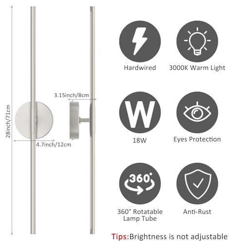 28In Sand Nickel Wall Sconces Set of Two Hardwired 3000K LED Modern Vanity Light 360° Rotatable for Living Room Bedroom Bathroom (2 Count)