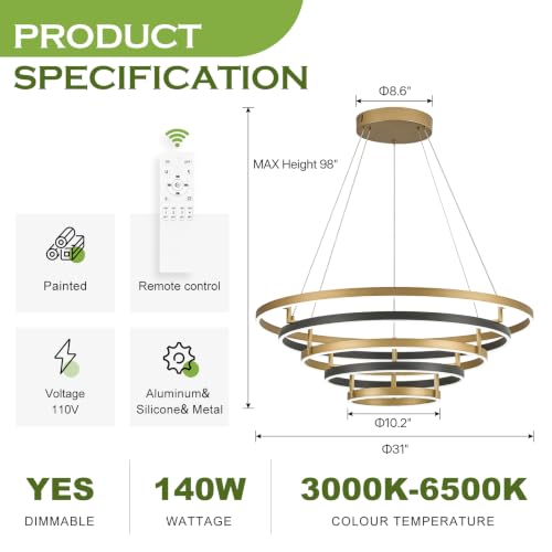 5 Rings LED Chandelier Black Gold Dimmable Circular Pendant Light for Dining Room