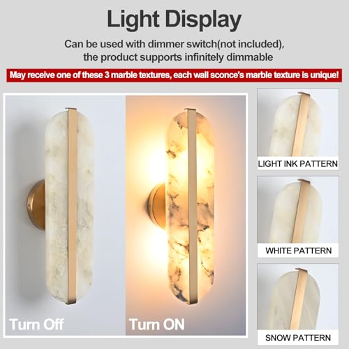 15.7" Natural Alabaster Wall Sconces Marble Wall Sconces Gold Bathroom Vanity Wall Light Fixtures Modern Oval Stone Wall Lamp for Bedroom Living Room Hallway Restaurant Stairs