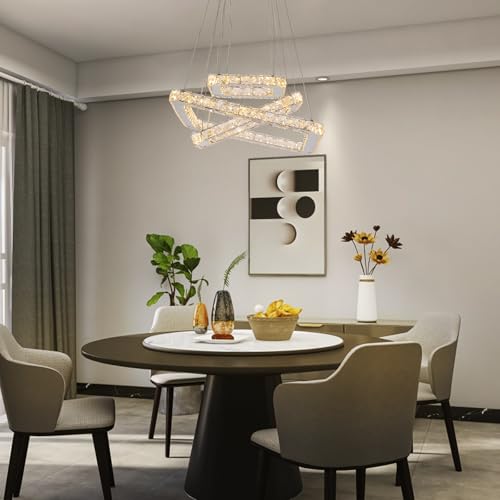 Square 3 Ring Crystal Chandelier Dimmable LED Pendant