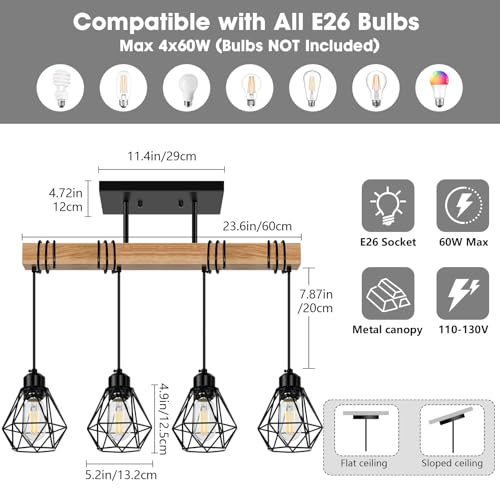 4 Lights Farmhouse Wood Kitchen Island Lighting