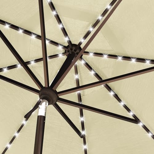 USA 10-Year-Non-Fading 10ft Market Patio Umbrella, Commercial Grade Table Sun Umbrella with 80 Solar LED Lights, Crank Open, Windproof & UPF 50+ UV Protection for Garden, Deck, Pool, Backyard, Natural