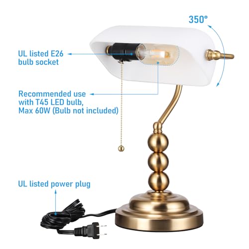 Ivory White Glass Bankers Desk Lamp with Pull Chain