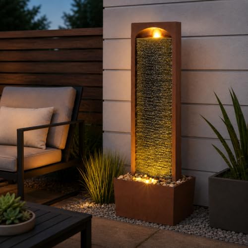 38.5" Faux Slate Contemporary Outdoor LED Waterfall Fountain with Pebble Base