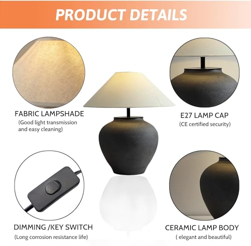 Farmhouse Table Lamps Black 18.8" Tall Ceramic Table Lamp Rustic Southwestern Clay Pot Ceramic Lampshade with Fabric Shade Bedside Nightstand for Living Room Bedroom House Office Entryway