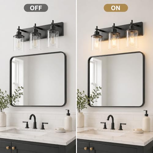 3 Light Black Bathroom Light Fixture Over Mirror Modern Farmhouse Bathroom Vanity Light Vintage Wall Lighting with Clear Glass Shade for Bathroom (3 Count)