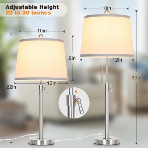 Brushed Nickel Modern Table Lamps Set of 2 Adjustable Height 22" to 30" Silver Nightstand with White Linen Shade 3 Brightness Way Pull Chain Switch Bedside Lamps for Living Room Office (2 Count)