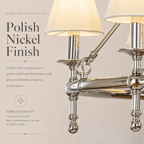 6 Lights W34in Polished Nickel and White Pleated Fabric Chandeliers for Dining Room Mid Century Modern Large Round Chandeliers for Classic Living Room