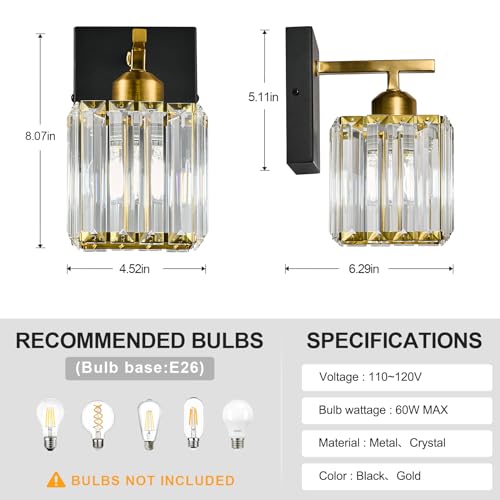 Modern Wall Sconce Set of Two Indoor Wall Lamp Black Gold Wall Sconces Crystal Wall Light Bathroom Vanity Light Fixtures Wall Mounted Room Sconce Wall Lighting (2 Count)