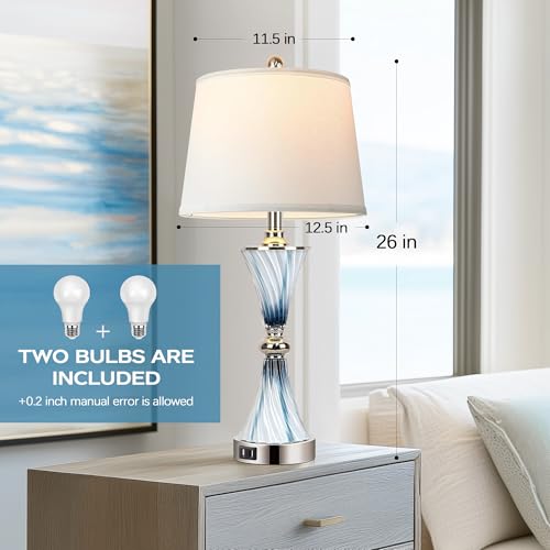 3 Way Dimmable Touch Glass Table Lamps for Bedrooms with 2 USB Ports Set of 2 Coastal Beach Bedside Lamps for Contemporary Modern Night Stand Lamps with 2 LED Bulbs for Lighting Decor (2 Count)