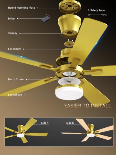 52 Inch Gold Low Profile Ceiling Fan with Light and Remote (Gold / 52 Inch)