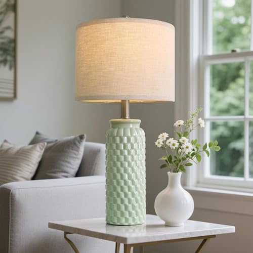 24" Modern Ceramic Green Bedside Lamp Set of 2 Table Lamp for Bedroom Decor Farmhouse Table Lamp for Living Room Office Dorm (2 Count)