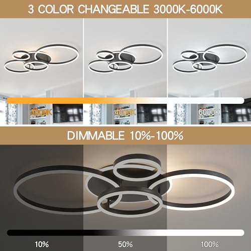 Flush Mount Modern Ceiling Light Black Led Modern Light Fixtures Ceiling Mount Lights 4 Rings Led Chandelier Lamp Fixture with Remote for Living Room Kitchen Dining Room Bedroom