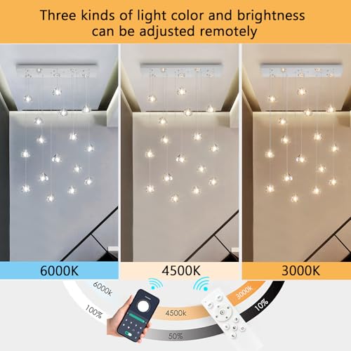 Crystal Rectangular LED Chandelier for Living Dining Room Light Dimmable High Ceiling Pendant Lights Fixtures Lighting Chandeliers for Foyer Entryway Lighting Polished Chrome