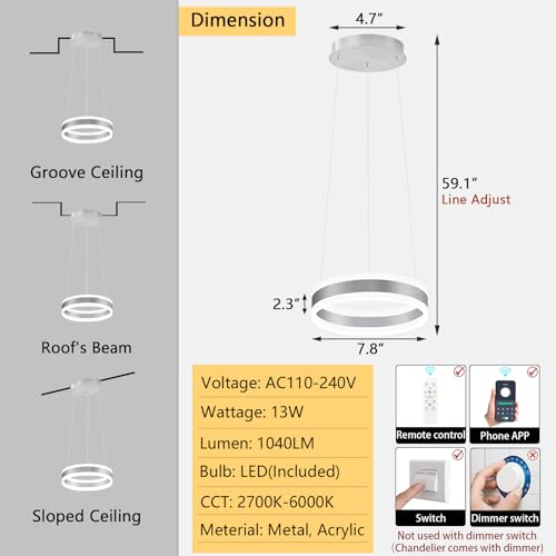 D7.8'' Modern Ring Chandelier for Dining Room LED Dimmable Pendant Lighting High Ceiling Chandelier for Living Room Foyer Bedroom Entryway 3000K
