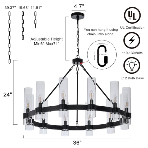 36 Inch Large Black Wagon Wheel Chandelier 12 Lights with Glass Shade
