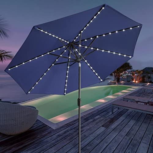 USA 10-Year-Non-Fading 9ft Market Patio Umbrella, Commercial Grade Table Sun Umbrella with 80 Solar LED Lights, Crank Open, Windproof & UPF 50+ UV Protection for Garden, Deck, Pool, Backyard, Navy Blue