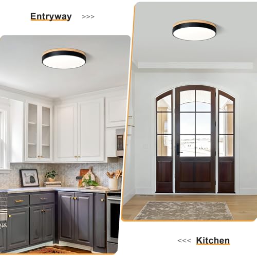 Modern LED Wood Black Round Flush Mount Ceiling Light 15.74 Inch