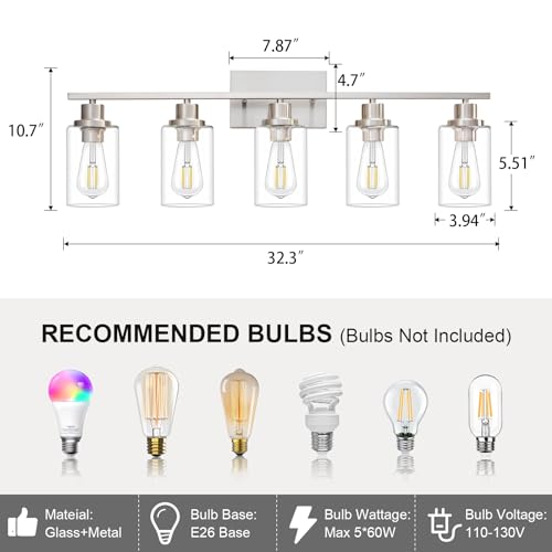 5 Light Bathroom Light Fixtures Brushed Nickel Vanity Light Over Mirror Modern Farmhouse Wall Lighting Sconces Wall Lamp for Bathroom