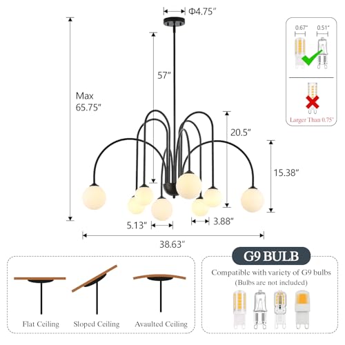 8 Light Black Sputnik Chandelier Modern Globe Chandeliers with Milk Glass Shades Large Luxury Pendant Light Fixture for Foyer Dining Room Living Room Staircase