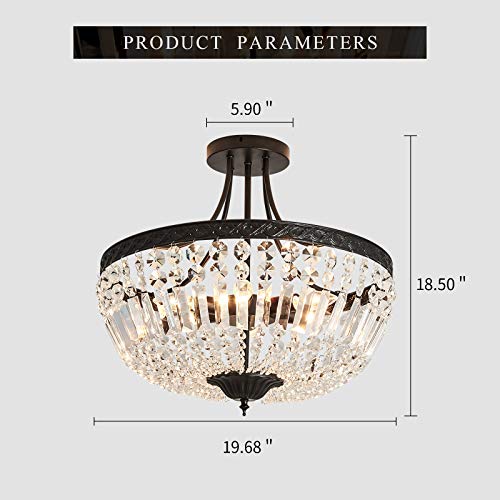 5 Light E12 Round Crystal Ceiling Light Fixture Modern Semi Flush Mount Chandelier Ceiling Lamp for Living Room Dining Room Entryway Hallway Foyer Bedroom Laundry Bathroom（Black）
