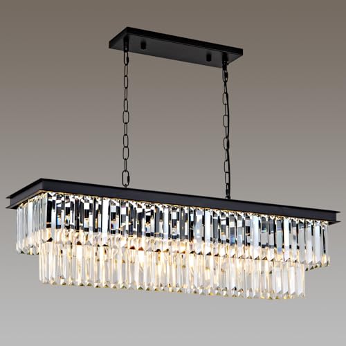 Black Crystal Chandelier for Dining Room Light Fixture Rectangle Modern Farmhouse Chandelier Contemporary Pendant for Kitchen Island Living Room Long Chandelier Rectangular Lighting