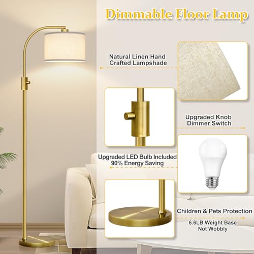 Upgraded Modern Arc Dimmable Tall Standing Floor Lamp with Linen Shade