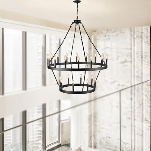 Black Large Chandeliers for High Ceilings Wagon Wheel Chandelier Kitchen Table Lighting 2 Tier 24 Lights Rustic Farmhouse 39.3 Inch for Dining Room Kitchen Island
