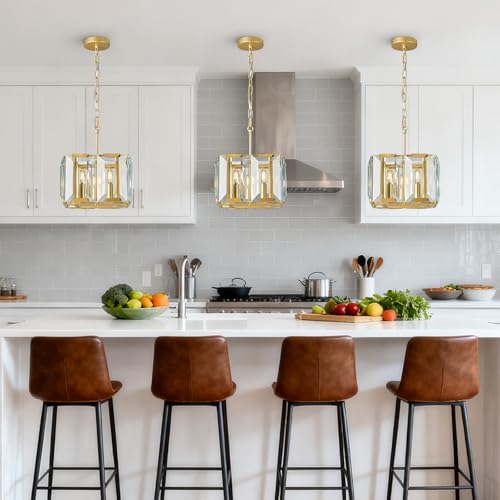 Gold Modern Crystal Chandeliers Rectangle Farmhouse Pendant Light Semi Flush Mount Ceiling Light Fixture for Bedroom Dining Room Kitchen Island Living Room Foyer Hallway