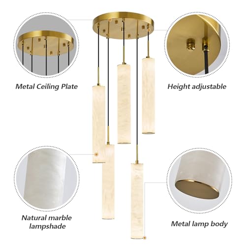 Natural Alabaster Pendant Lights for Kitchen Island White Marble Long Tube Chandelier 4000K Modern Gold Ceiling Light Fixtures for Bedroom Dining Room Table Living Room Hallway