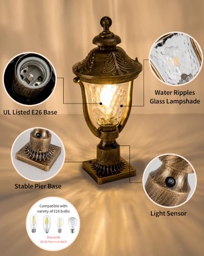Retro Outdoor Post Light with Dusk to Dawn Sensor 21.5" Large Exterior Waterproof Lamp Brass Pole Lighting Fixture for Garage Garden Patio Pathway Yard Fence Bronze