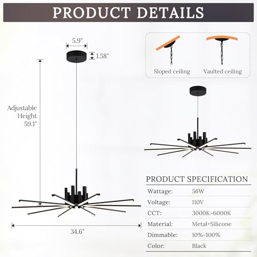 Black Modern Sputnik Chandelier with Remote Control